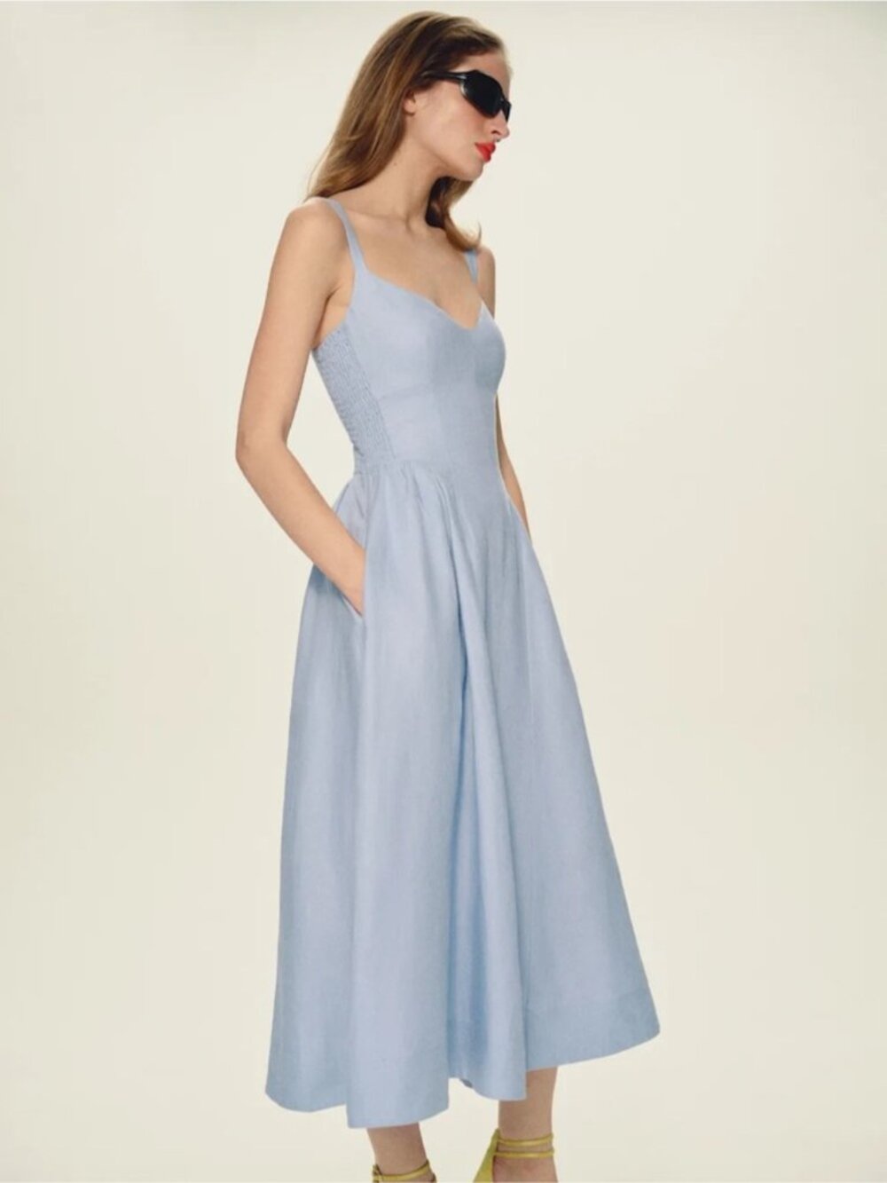 NEW Reformation Birdie Linen Sleeveless Midi Dress Cloud Blue US 6 UK 10 - Picture 2 of 15